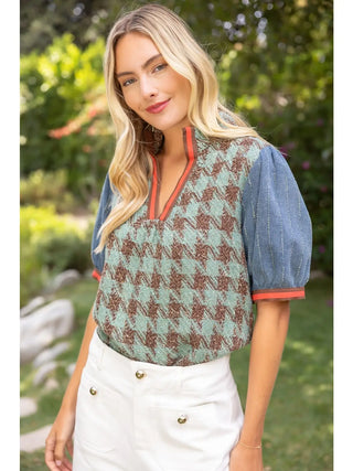 Denim Houndstooth Tweed Top Sage
