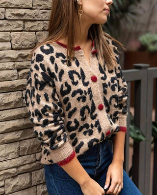 Leopard Red Trim Button Cardigan