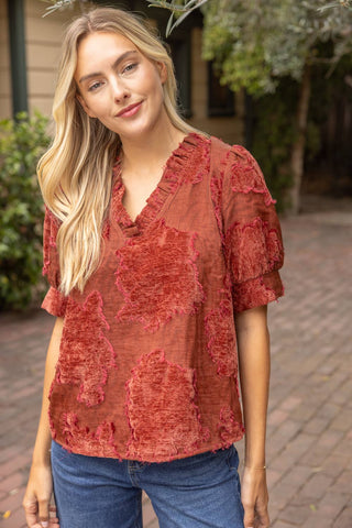 Ruffled Burnout Velvet Top Rust