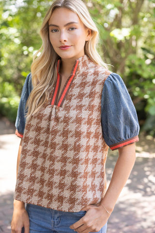Denim Houndstooth Tweed Top