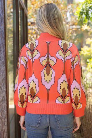 Floral Print Half Zip Coral Sweater