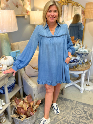 Washed Denim Ruffle Dress