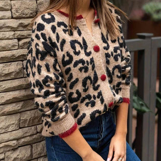 Leopard Red Trim Button Cardigan