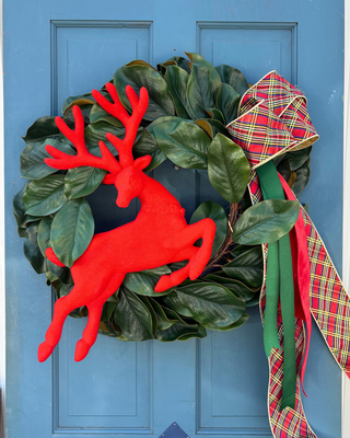 Red Reindeer Magnolia Wreath