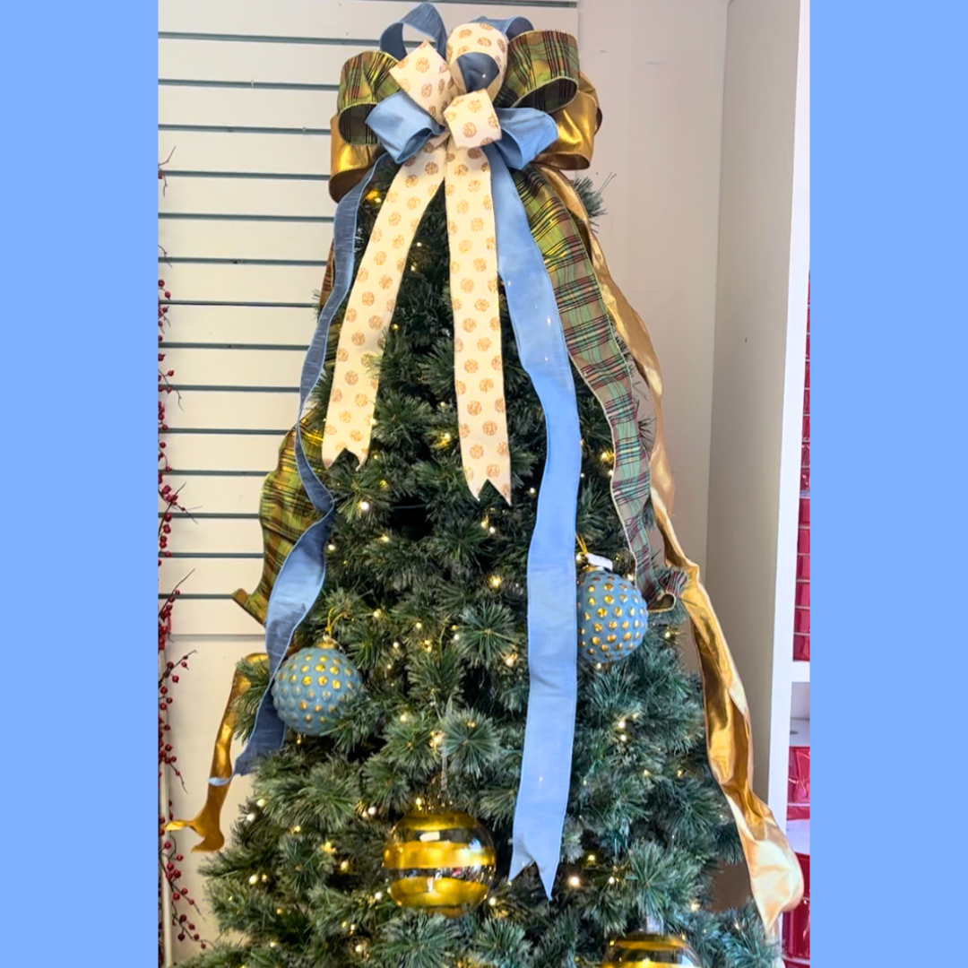 Elegant French Blue, Gold & Plaid Xmas Tree Topper