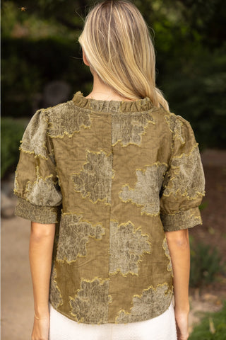 Ruffled Burnout Velvet Top Olive