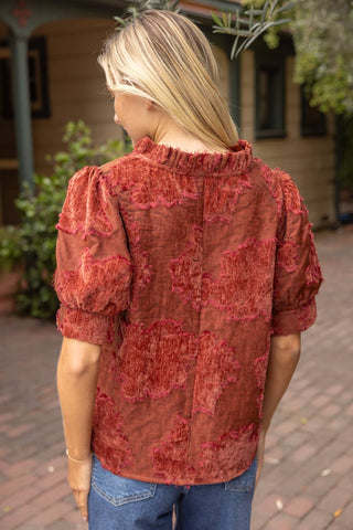 Ruffled Burnout Velvet Top Rust