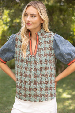 Denim Houndstooth Tweed Top Sage