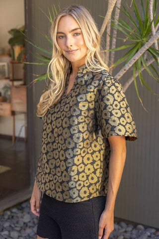 Ruffle Neck Gold Floral Top