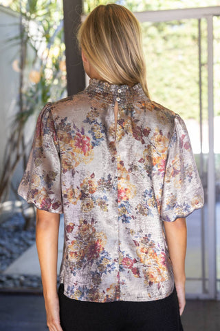 Floral Print Metallic Top Taupe