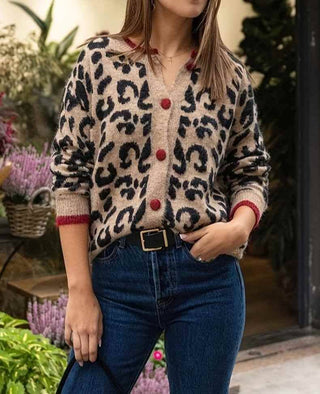 Leopard Red Trim Button Cardigan