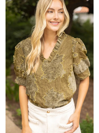 Ruffled Burnout Velvet Top Olive