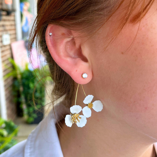 Double Dangle Pure White Flower Earrings