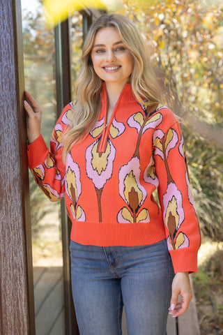 Floral Print Half Zip Coral Sweater