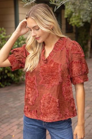 Ruffled Burnout Velvet Top Rust
