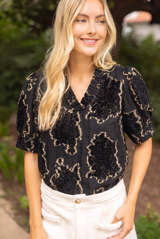 Ruffled Burnout Velvet Top Black