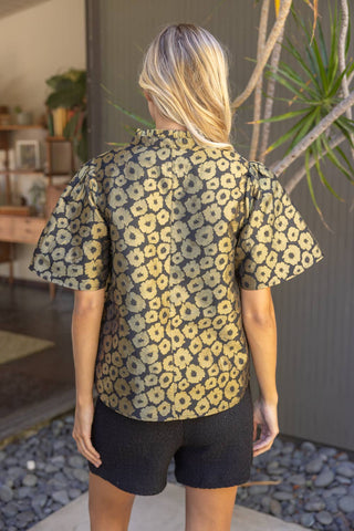 Ruffle Neck Gold Floral Top