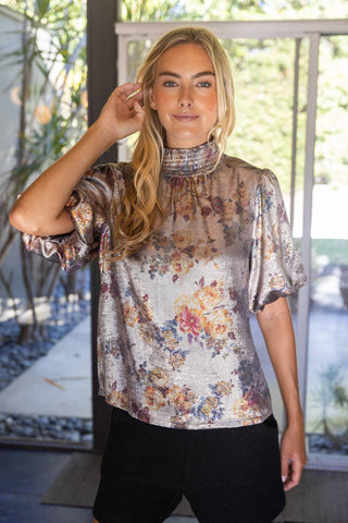 Floral Print Metallic Top Taupe