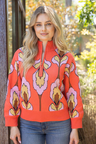 Floral Print Half Zip Coral Sweater