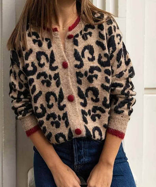 Leopard Red Trim Button Cardigan