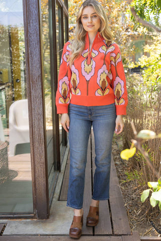 Floral Print Half Zip Coral Sweater