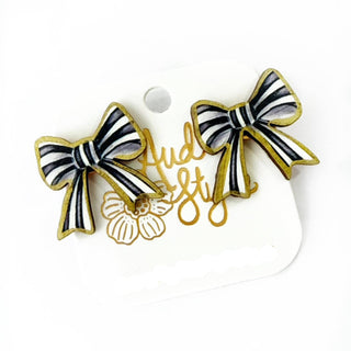 Black White Stripe Bow Earrings