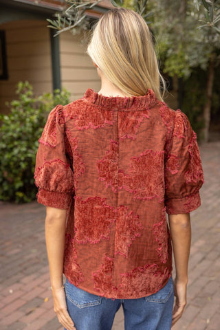 Ruffled Burnout Velvet Top Rust