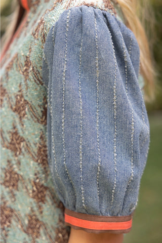 Denim Houndstooth Tweed Top Sage