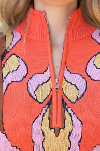 Floral Print Half Zip Coral Sweater