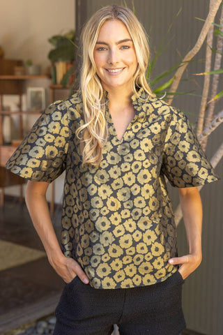 Ruffle Neck Gold Floral Top
