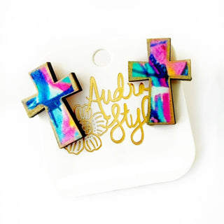 Blue Pink Cross Stud Earrings