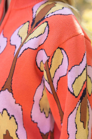 Floral Print Half Zip Coral Sweater
