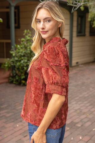 Ruffled Burnout Velvet Top Rust