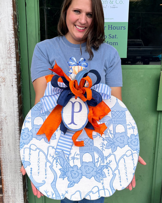 Chinoiserie Pumpkin Door Hanger Blue