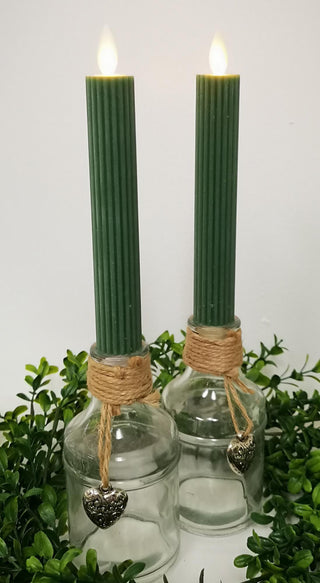 Green Ribbed LED Taper Candle Set