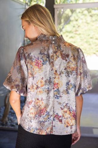 Floral Print Metallic Top Taupe
