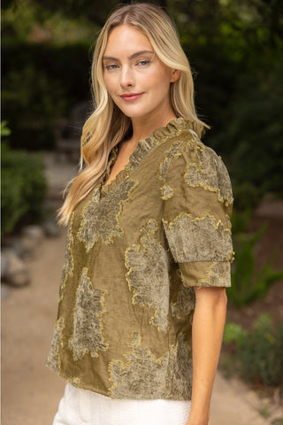 Ruffled Burnout Velvet Top Olive