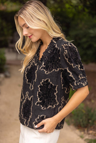 Ruffled Burnout Velvet Top Black