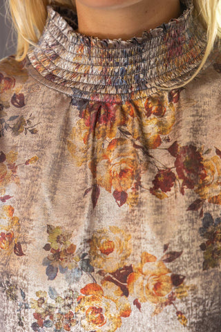 Floral Print Metallic Top Taupe