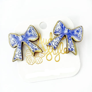 Blue White Bow Stud Earrings
