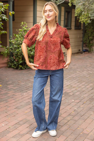 Ruffled Burnout Velvet Top Rust