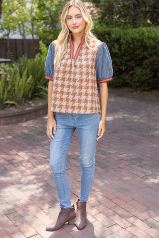 Denim Houndstooth Tweed Top