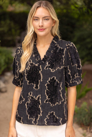 Ruffled Burnout Velvet Top Black