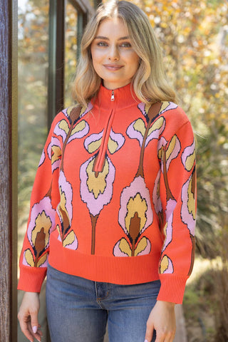 Floral Print Half Zip Coral Sweater