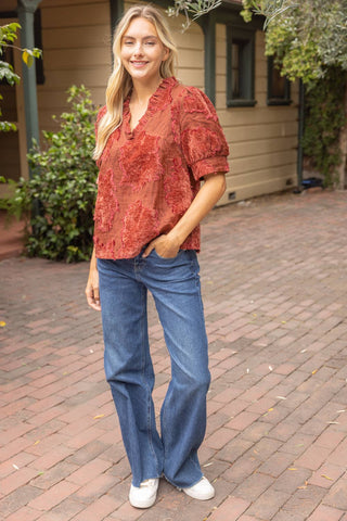 Ruffled Burnout Velvet Top Rust