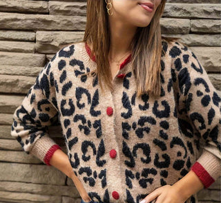 Leopard Red Trim Button Cardigan
