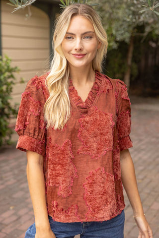 Ruffled Burnout Velvet Top Rust