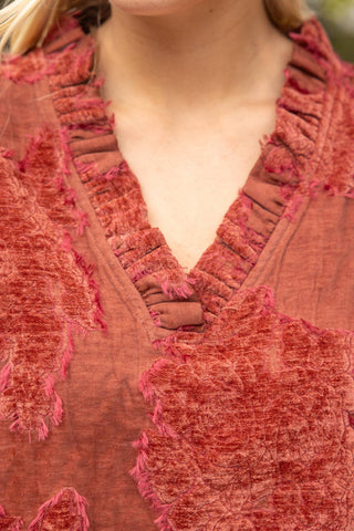 Ruffled Burnout Velvet Top Rust